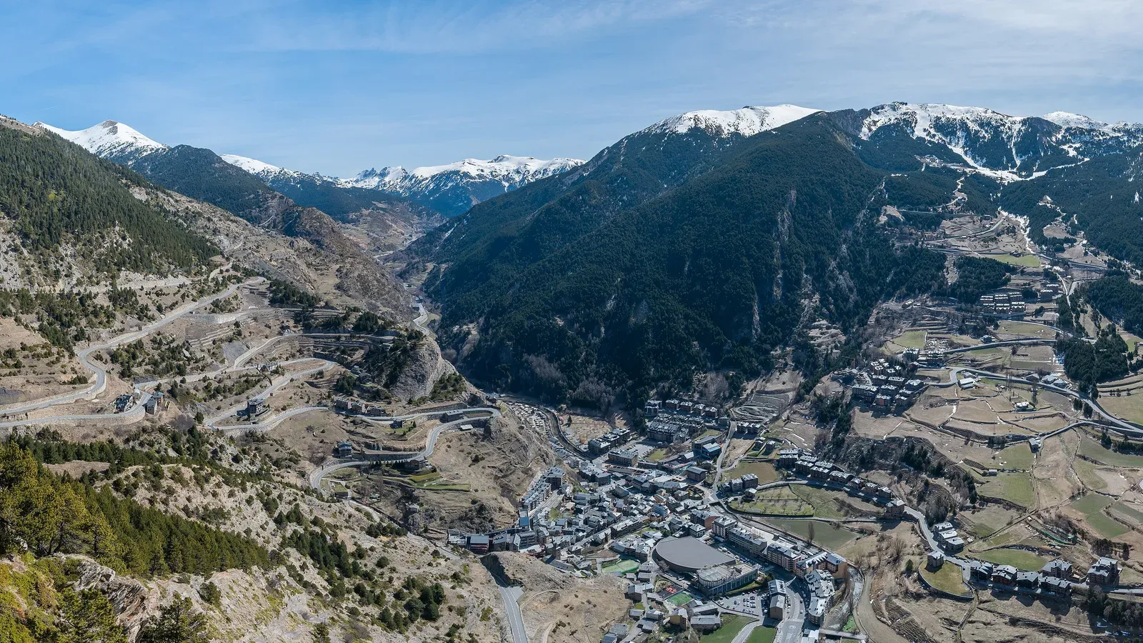 Canillo in its Pyrenean valley below snow-capped peaks, Andorra