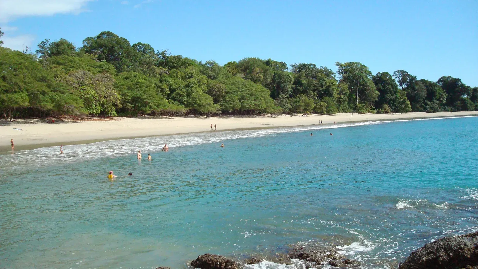 Turquoise water and a sandy beach backed by rainforest in Manuel Antonio National Park, Costa Rica