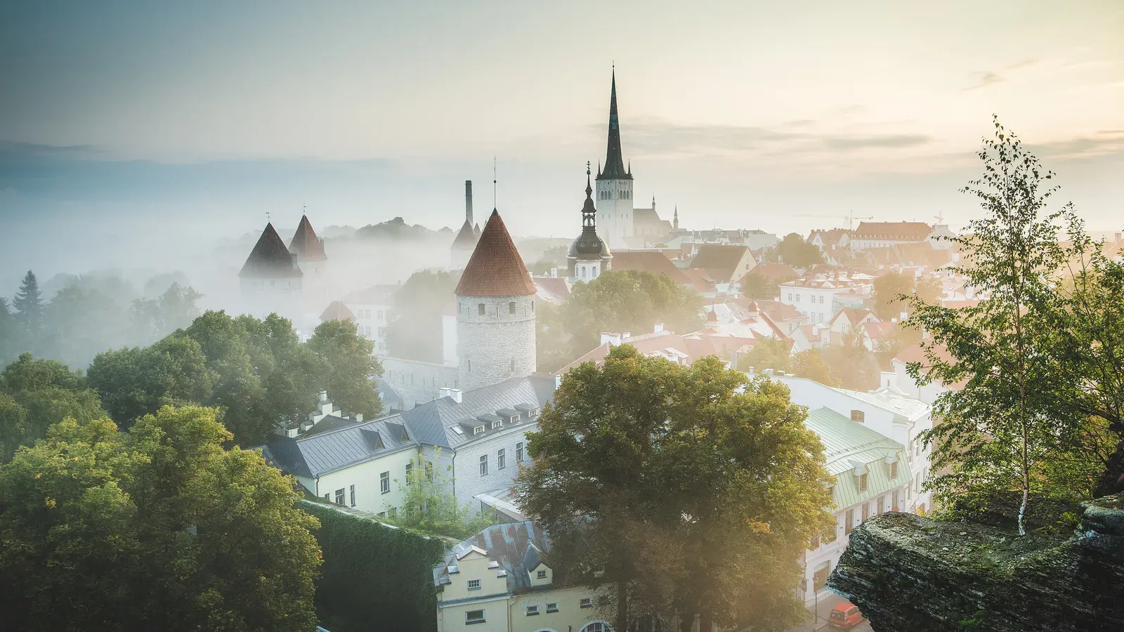 Tallinn's Old Town at sunrise, with medieval wall towers and the spire of St. Olaf's Church rising above morning mist, Estonia