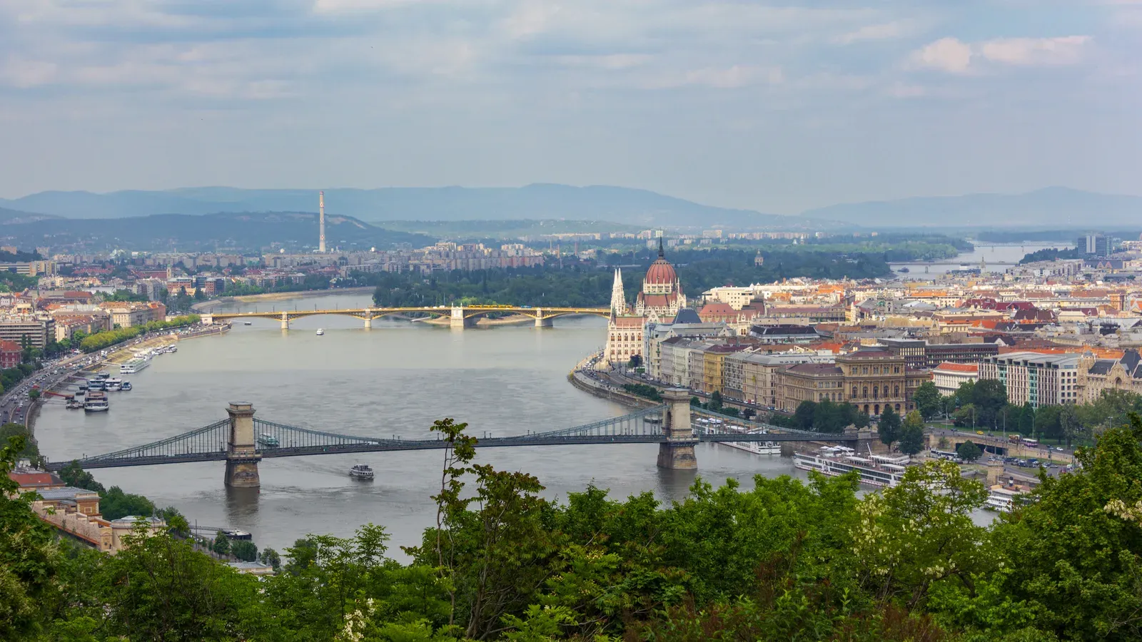 The Danube in Budapest from Gellért Hill, with the Chain Bridge, Margaret Bridge and the Hungarian Parliament Building on the Pest bank