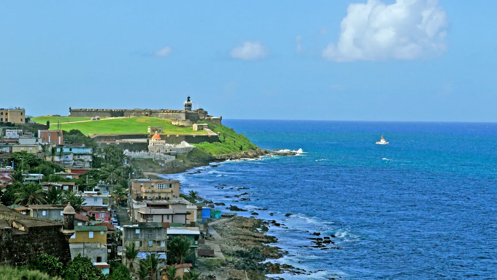 The La Perla neighborhood on the Atlantic shore of Old San Juan, with Castillo San Felipe del Morro on the headland beyond, Puerto Rico
